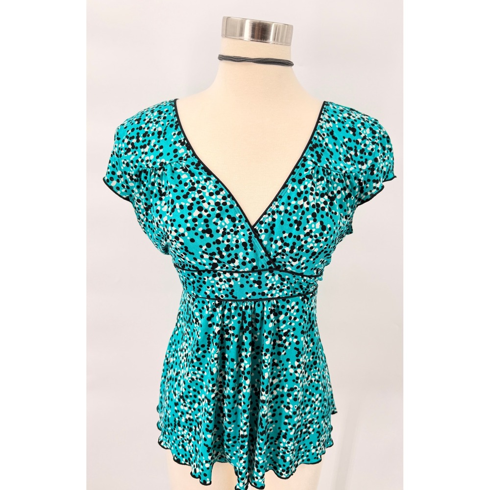 Vol.1 Petite Polka Dot Top Womens Petite Teal Empire Waist V-Neck Blouse